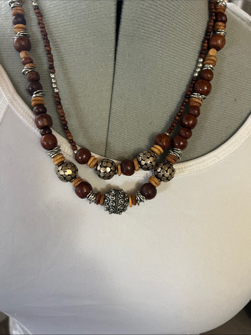 Layered Brown Wood and Silver Bead Necklace with Accent Discs